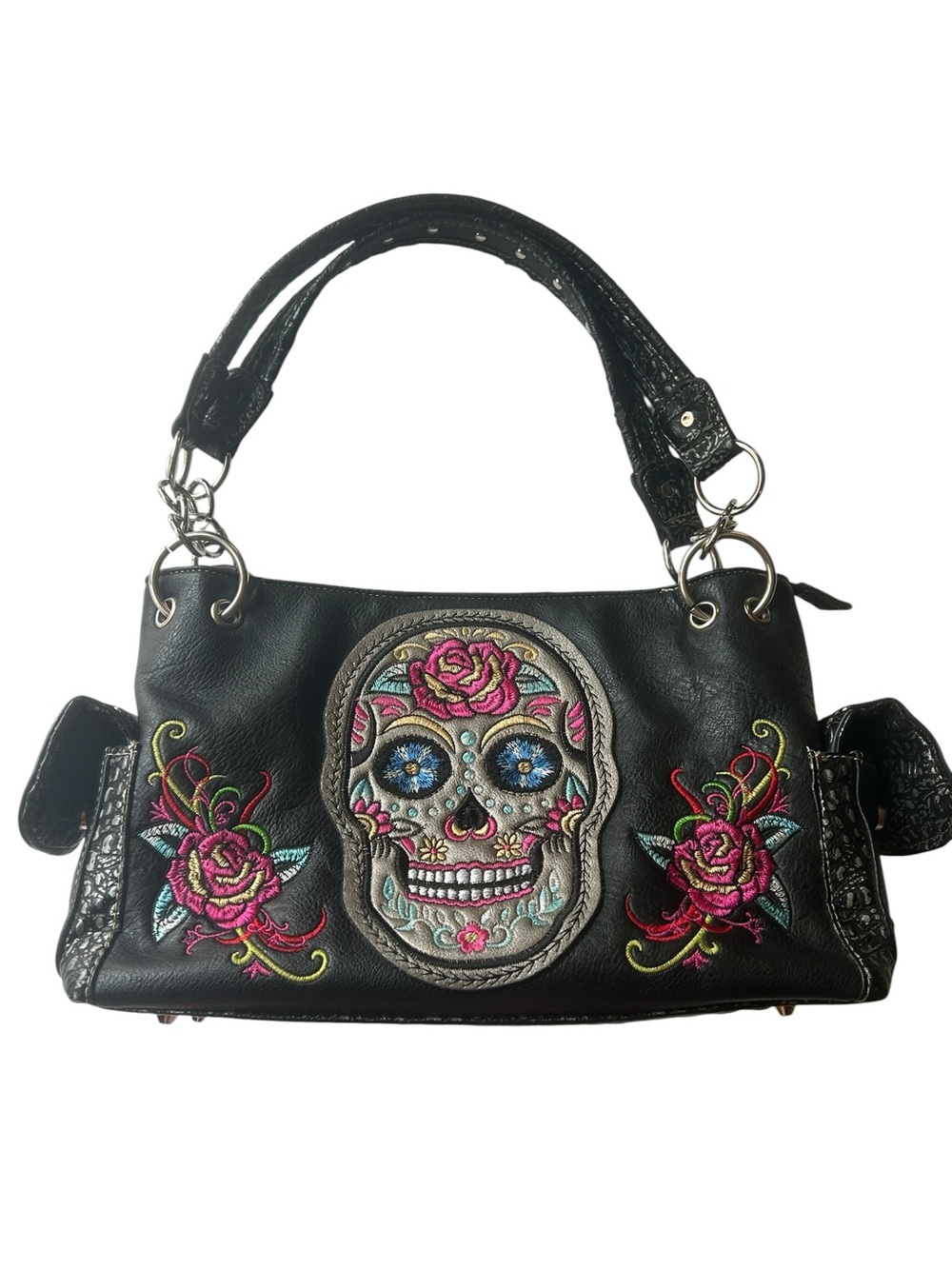 Sugar Skull Embroidered Black Satchel Shoulder Bag Floral Gothic Day of the Dead
